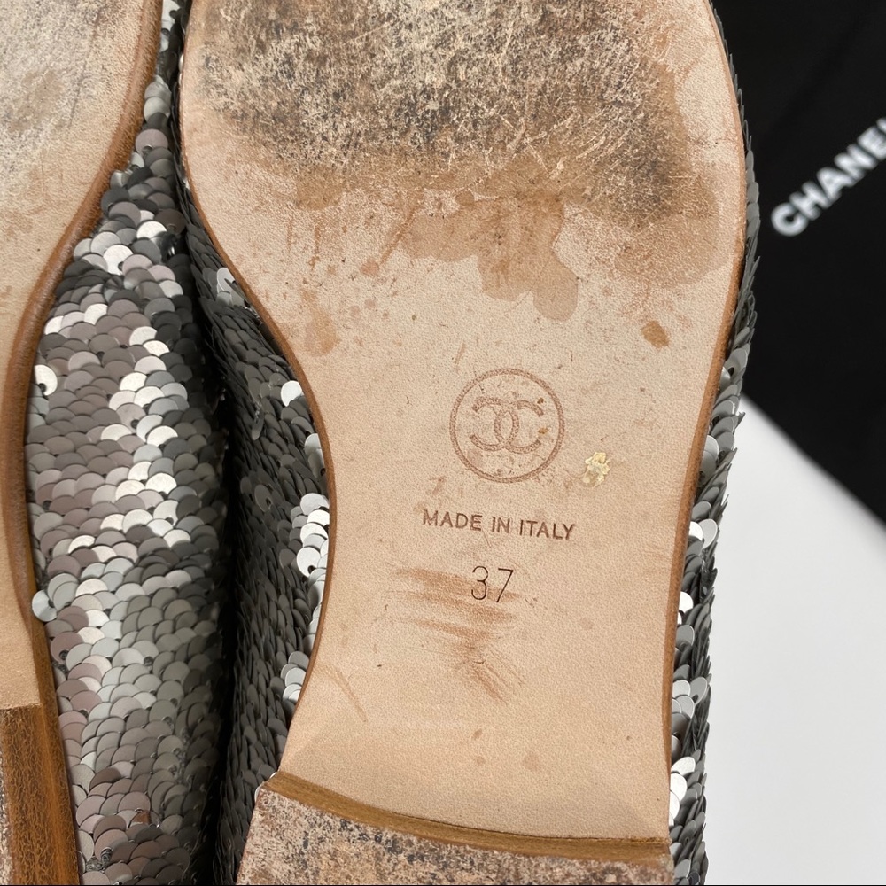 CHANEL | Silver Sequin Loafers Slippers Flats - Picture 10 of 12